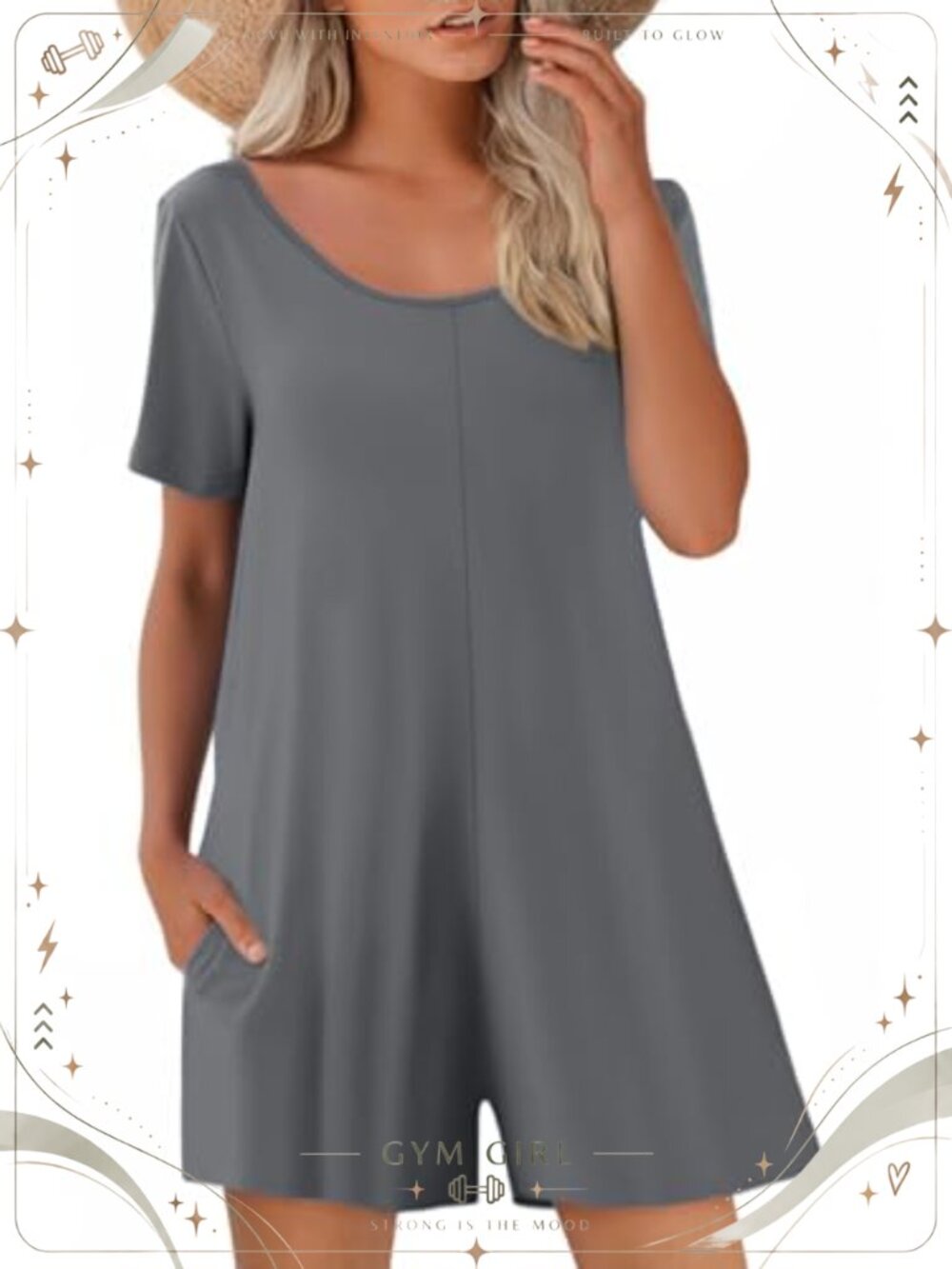 Womens Summer Casual Romper Short Sleeve Crewneck Jumpsuit with Pockets